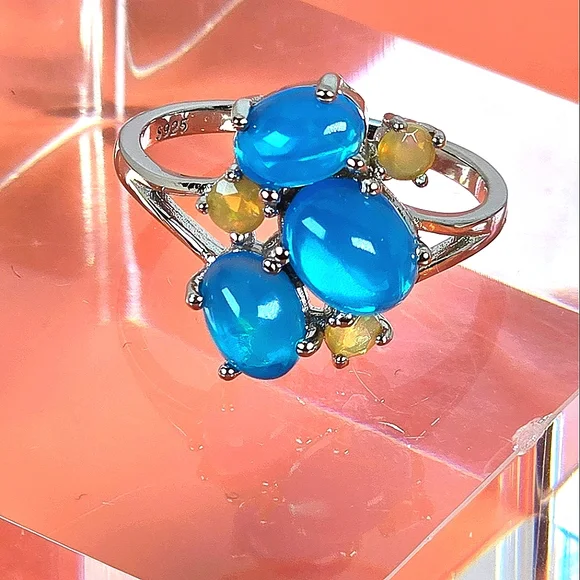 925 Sterling Silver Ring with Natural Oval Blue Opal 8x6mm & Fire Opal Gemstones - Picture 12 of 14
